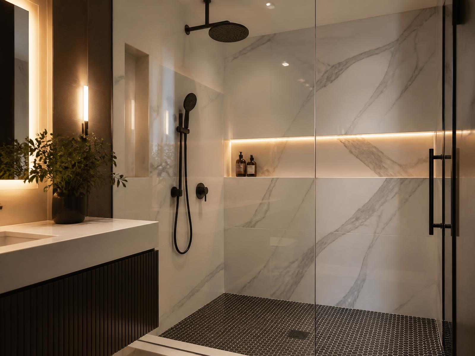 Custom marble-look walk-in shower tiled by Upgrade Remodeling in Charlotte NC